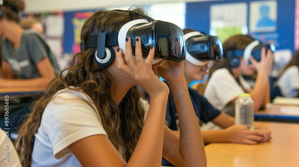 Students Immersed in Virtual Reality Headsets for Interactive Learning in a Modern Classroom Students Immersed in Virtual Reality Headsets for Interactive Learning in a Modern Classroom