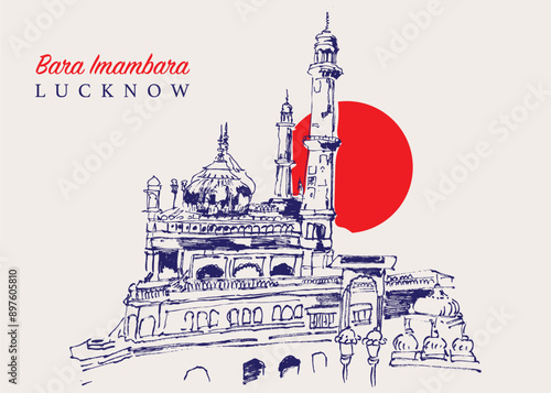 Drawing sketch illustration of the Bara Imambara, an old shia mosque in Lucknow, India