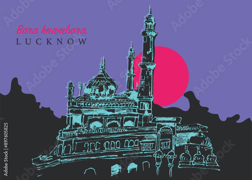 Drawing sketch illustration of the Bara Imambara, an old shia mosque in Lucknow, India