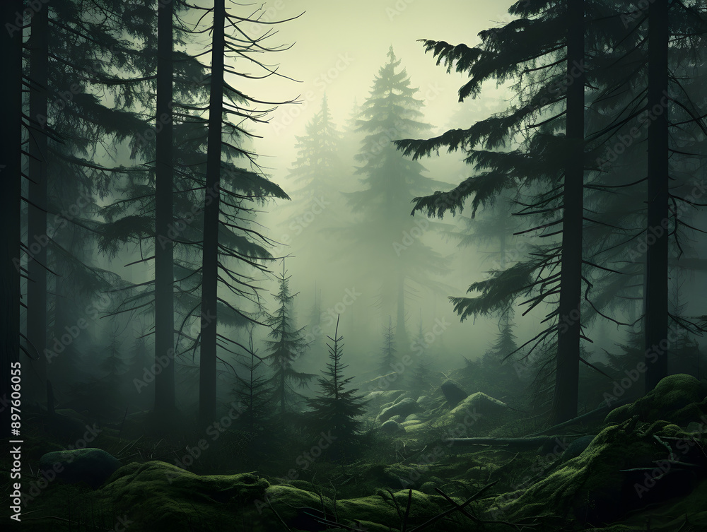 Mystic foggy dark green pine tree forest, landscape background
Mystic foggy dark green pine tree forest, landscape background