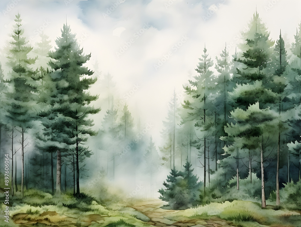 Mystic foggy dark green pine tree forest, landscape background
Mystic foggy dark green pine tree forest, landscape background