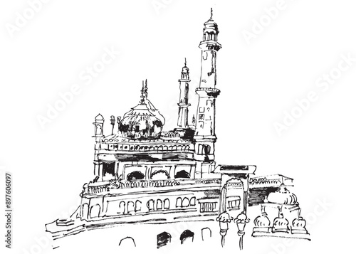 Drawing sketch illustration of the Bara Imambara, an old shia mosque in Lucknow, India