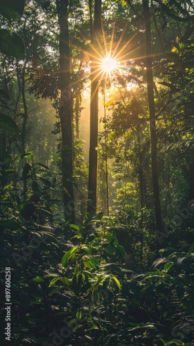 Sunbeams pierce through dense trees in a verdant forest photo