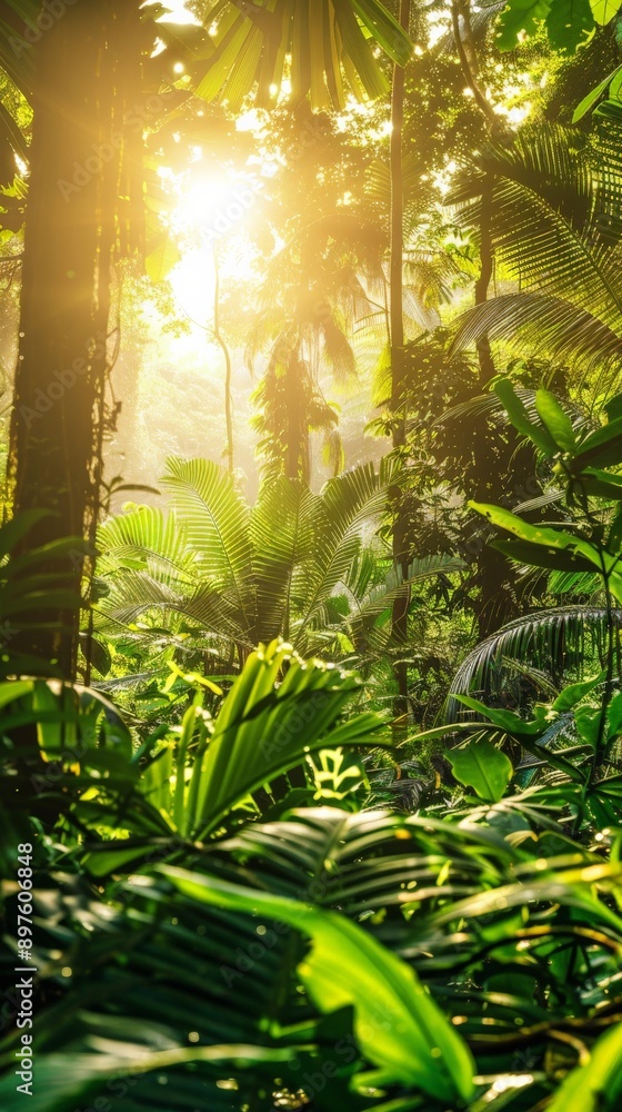 Obraz premium Sunlight peeks through dense tropical foliage