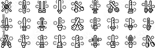 Light saber icons set. People celebrating with sparkles and lightsabers line icon set, party concept