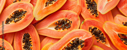 Seamless pattern featuring papaya slices for background, offering a warm and tropical feel.