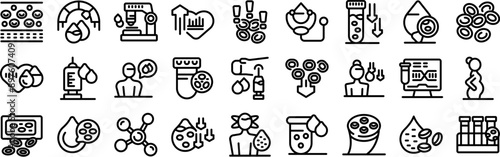 Anemia icons set. Laboratory technicians and scientists analyzing blood samples, testing, researching, and experimenting with blood cells