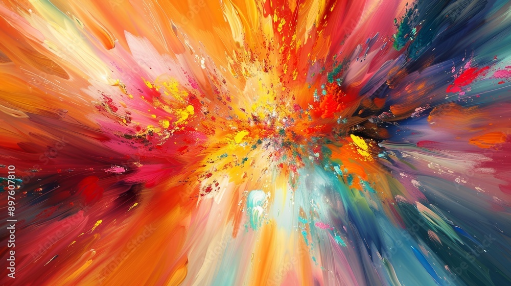 Obraz premium Vibrant abstract burst of colors evokes joy and celebration, perfect for any project. Rainbow spectrum with bright brushstrokes adds modern artistic touch