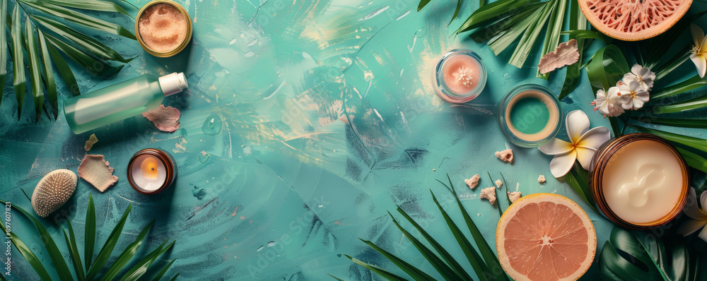 A top down view of various spa beauty products on a colorful background, highlighted by tropical foliage. The spacious design allows for text or creative elements. A top down view of various spa beauty products on a colorful background, highlighted by tropical foliage. The spacious design allows for text or creative elements.