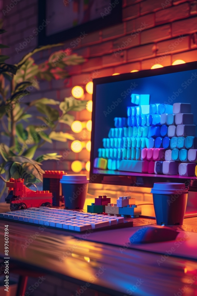 Desktop computer with keyboard, mouse and cup of coffee on the table. Desktop computer with keyboard, mouse and cup of coffee on the table.