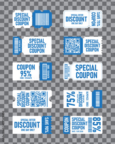 coupon promotion set, voucher card template, coupon code promotion, gift voucher, coupon book, discount voucher, coupon vector, png, transparent