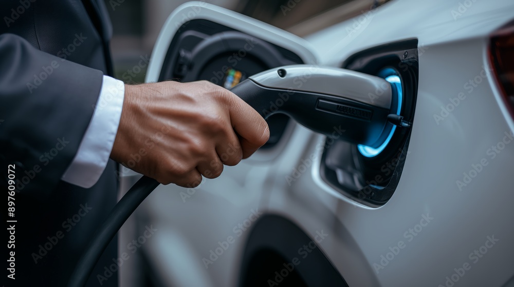 Close up of a person charging an electric car at a charging station. Eco-friendly transportation and renewable energy concept. Close up of a person charging an electric car at a charging station. Eco-friendly transportation and renewable energy concept.