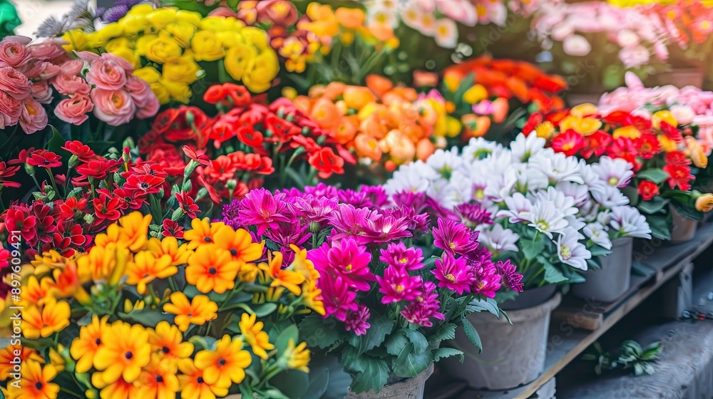 A luxurious flower store selling bouquets with different kinds of colorful flowers. Seasonal sale of flowers for Valentine's Day, Mother's Day or March 8. Illustration for cover, card, interior design A luxurious flower store selling bouquets with different kinds of colorful flowers. Seasonal sale of flowers for Valentine's Day, Mother's Day or March 8. Illustration for cover, card, interior design