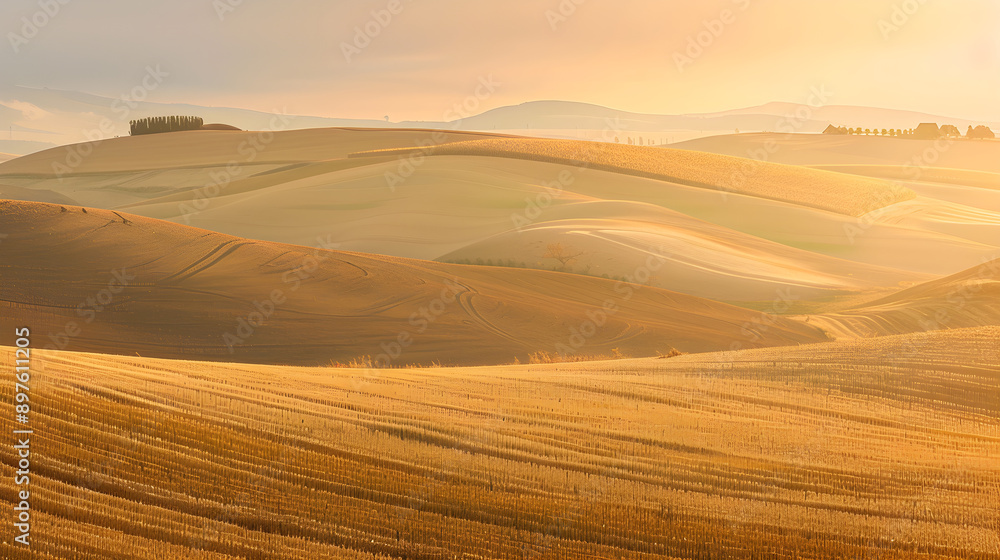 Fototapeta premium Golden fields stretch across rolling hills under soft sunlight, creating a serene and tranquil landscape in early autumn