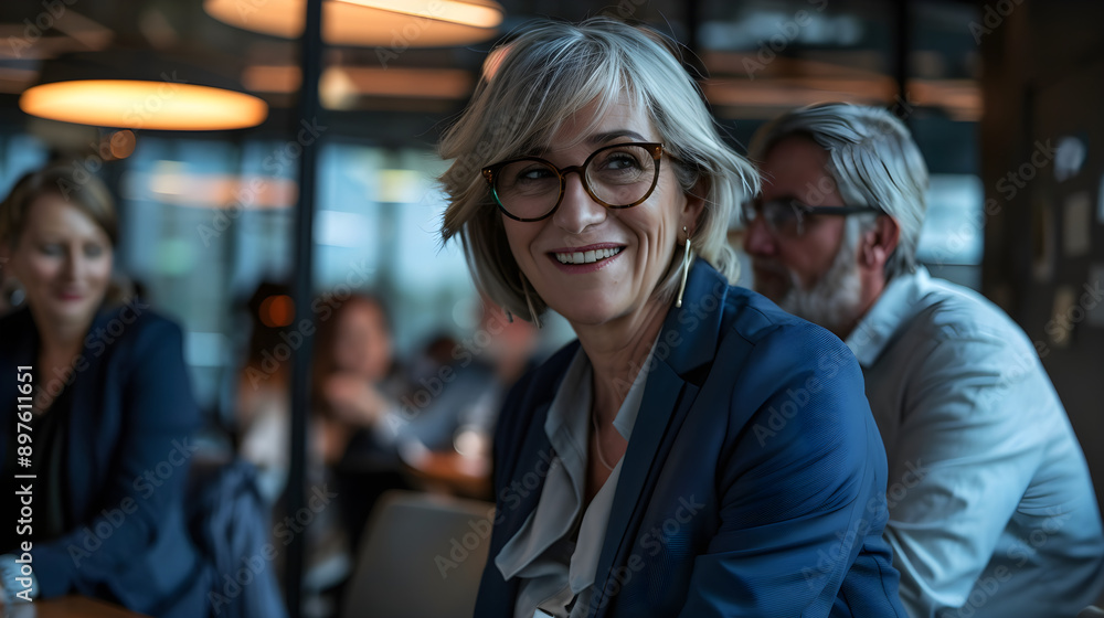 A middle-aged woman smiling in a business environment, wearing glasses and a suit, exuding confidence and approachability during a professional gathering A middle-aged woman smiling in a business environment, wearing glasses and a suit, exuding confidence and approachability during a professional gathering