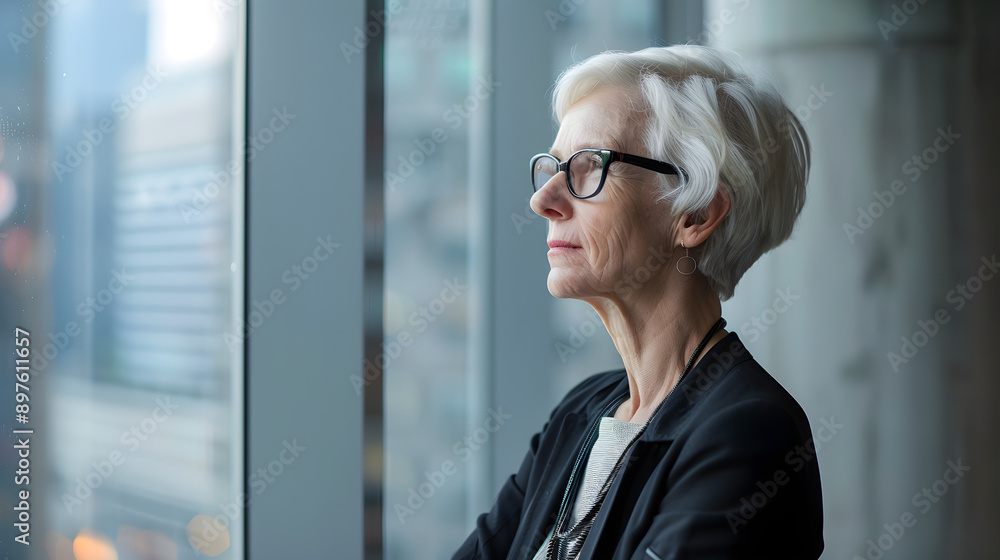 A thoughtful elderly woman with short gray hair gazes out the window, reflecting on her life in a modern urban setting A thoughtful elderly woman with short gray hair gazes out the window, reflecting on her life in a modern urban setting