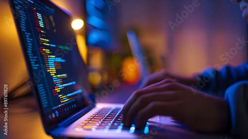 Coding in a dimly lit environment, a person's hands typing on a laptop with colorful code displayed on the screen