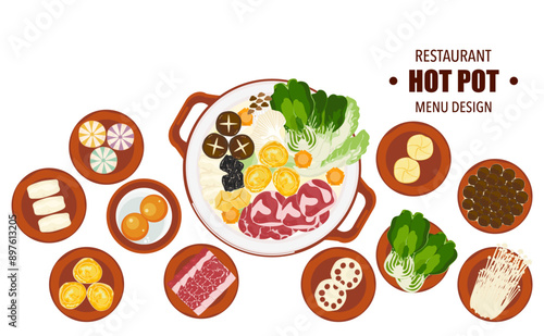 Vector set of Shabu food, Hot Pot, and various spices. Hot soup and boiled vegetables in a hot pot, top view Kitchen utensils isolated on white background For elements in restaurant menu design
