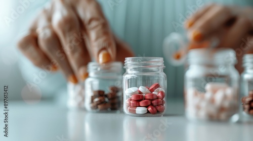 An individual is seen organizing various medications into small jars on a table, illustrating personal care, medication management, and the importance of meticulous health practices.