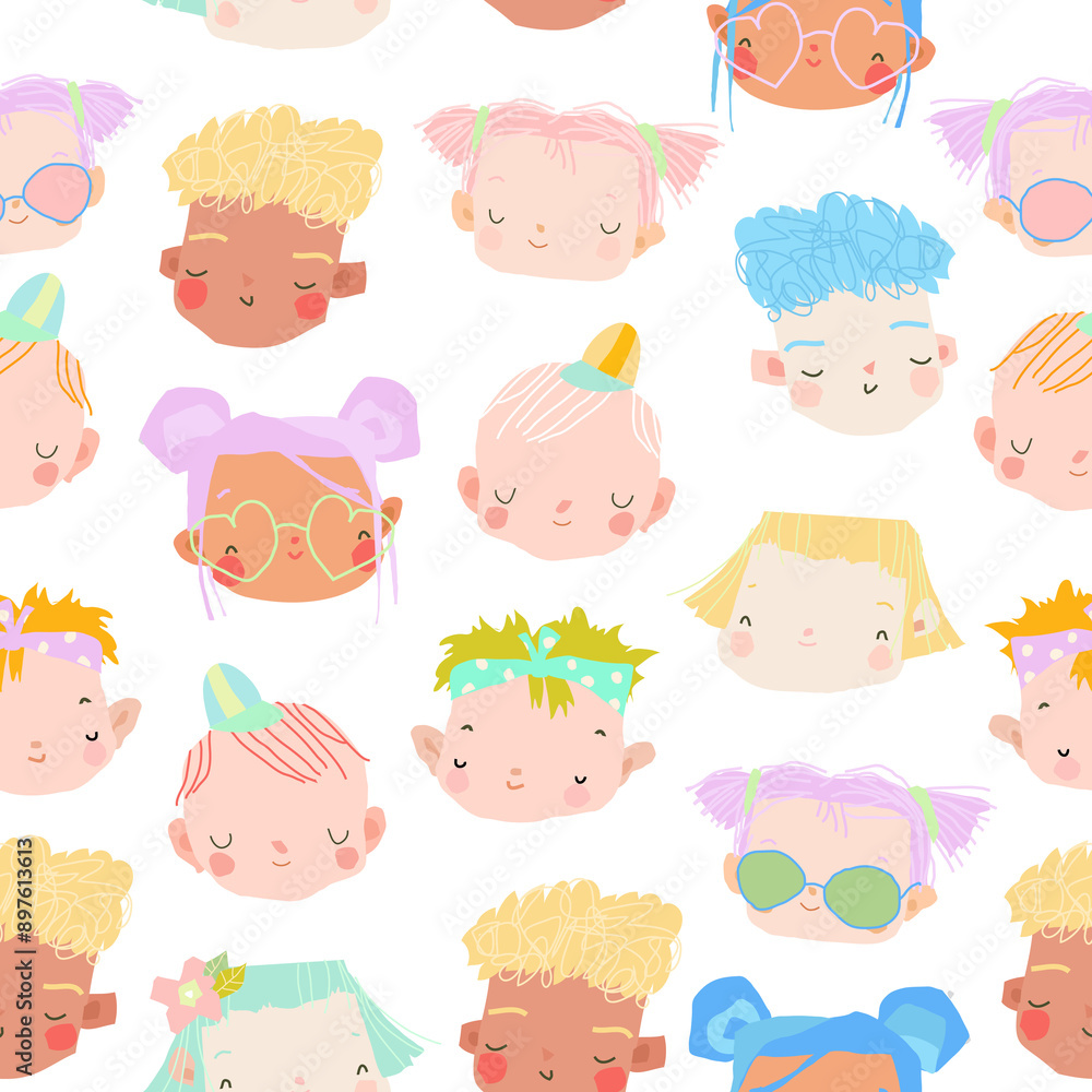 Vector seamless pattern of a cute kids faces on a white background Vector seamless pattern of a cute kids faces on a white background