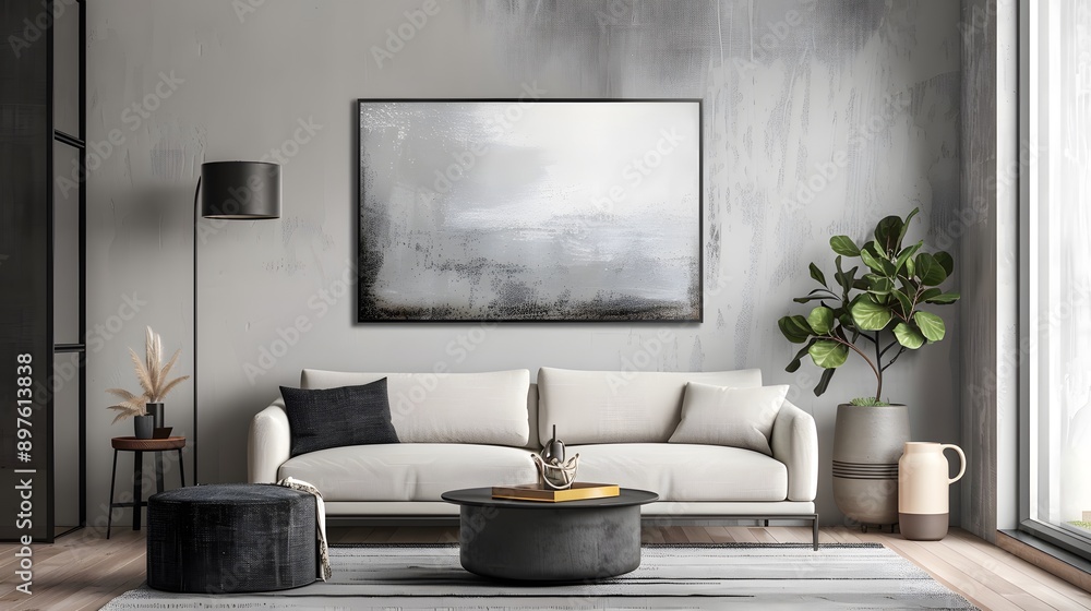 A beautiful canvas frame 3D mockup in modern living room A beautiful canvas frame 3D mockup in modern living room