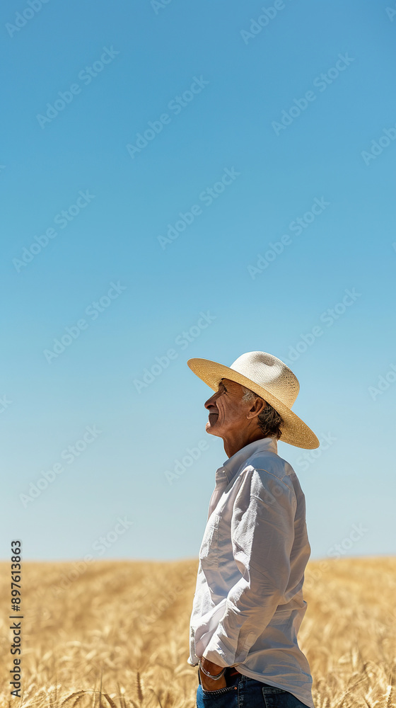 Obraz premium Farmer Standing in Wheat Field Under Clear Blue Sky