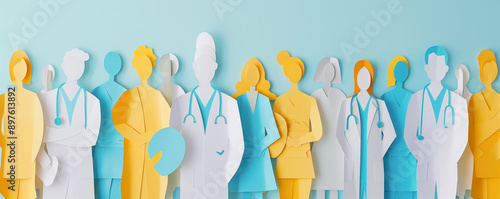 Abstract illustration of the crowd of medical worker cutting from paper. Health care concept.