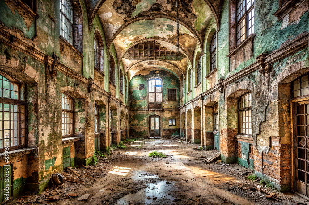 Fototapeta premium Interior of an abandoned, dilapidated building with high ceilings.