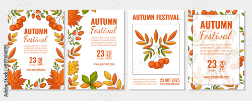 Set of autumn vertical a4 posters, abstract fall leaves frame or pattern. Vector illustration for social media, postcard, invitation, banner, festival, flyer, party or advertising. Isolated background