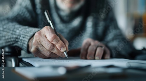 An elderly person wearing a sweater is writing a letter with a pen on a piece of paper, possibly reflecting on memories or communicating with loved ones.