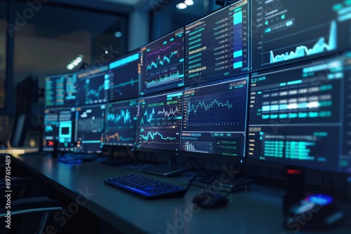 Wallpaper Mural Trader's Desk with Multiple Monitors Displaying Real-Time Commodity Market Data, Charts, and News for Strategic Decision-Making Torontodigital.ca