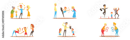Street Entertainer and Performer Acting Show Trick Vector Set