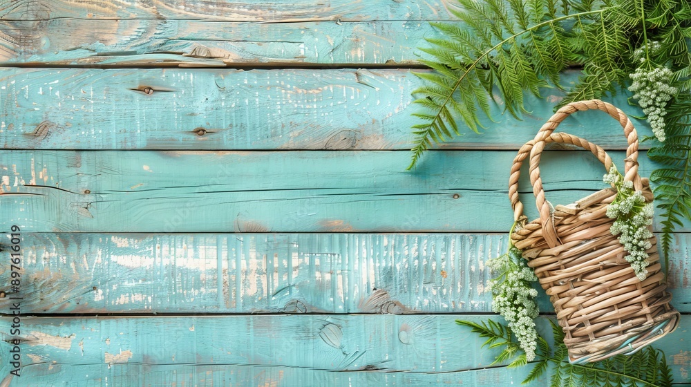 Fototapeta premium Rustic pistachio wood backdrop with ferns in suspended basket on rough twine for a natural touch