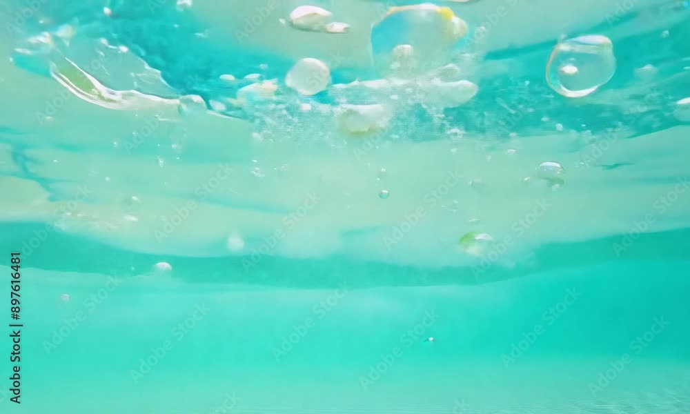 Underwater slow motion bubbles moving to surface in turquoise crystal clear pool 4K video Underwater slow motion bubbles moving to surface in turquoise crystal clear pool 4K video