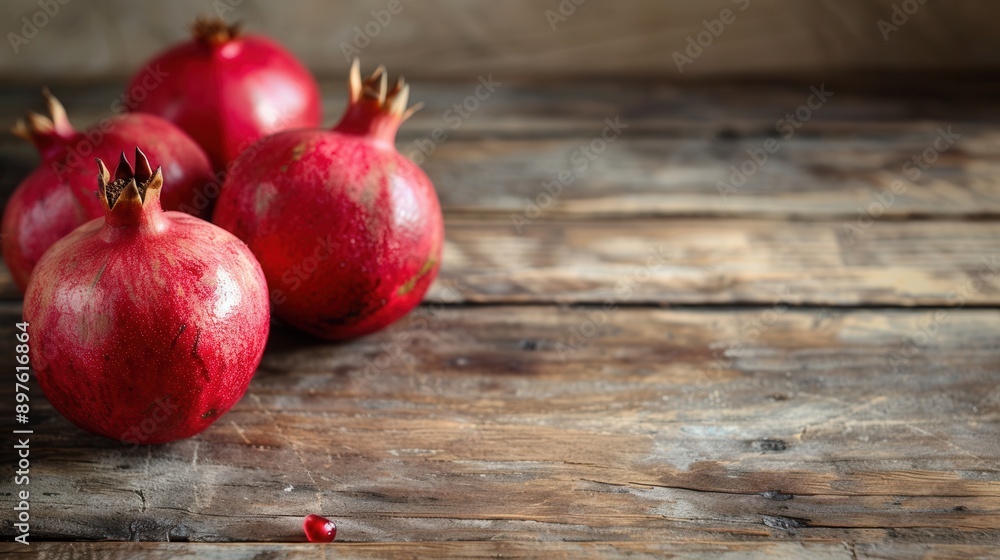Three red pomegranates with seeds sit on a rustic wooden surface. Generative AI Three red pomegranates with seeds sit on a rustic wooden surface. Generative AI