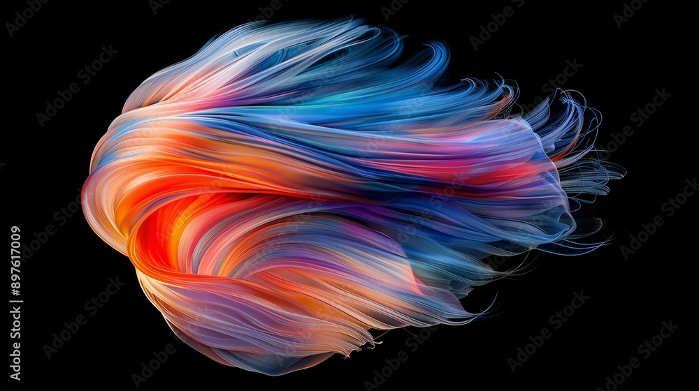 Fototapeta premium Abstract colorful wavy lines forming an organic shape, flowing and blending on a black background