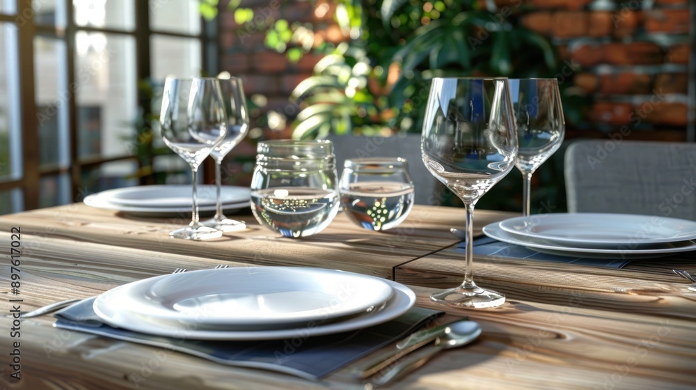 Table Setting with Wine Glasses, Plates, and Water on a Wooden Table Table Setting with Wine Glasses, Plates, and Water on a Wooden Table