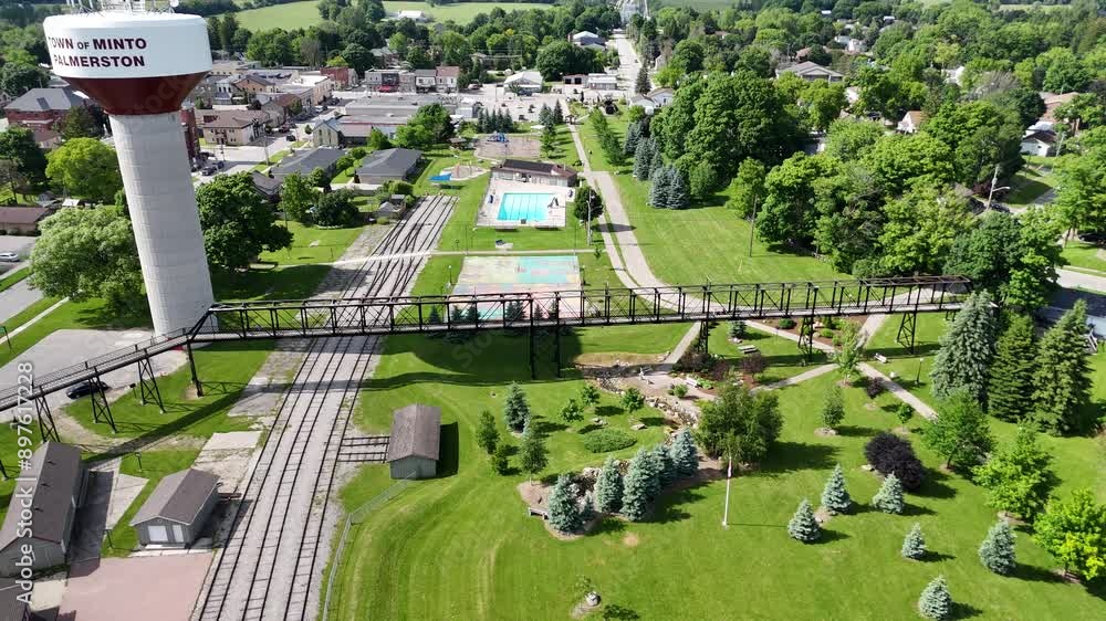Palmerston water tower with bridge in Town of Minto with residential areas and green surroundings Palmerston water tower with bridge in Town of Minto with residential areas and green surroundings