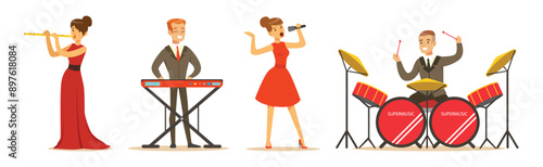 People Musician and Singer Performing on Stage Vector Set