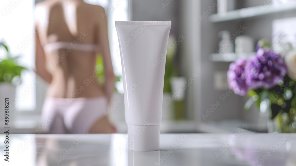 White cosmetic tube on table in bathroom background with blurred woman White cosmetic tube on table in bathroom background with blurred woman