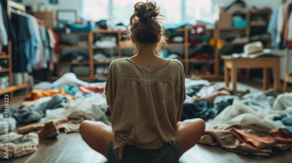 A woman in a cluttered room filled with unfolded clothes sits on the floor with her back facing the camera. The shelves behind her are packed with more clothing, showing domestic disarray.