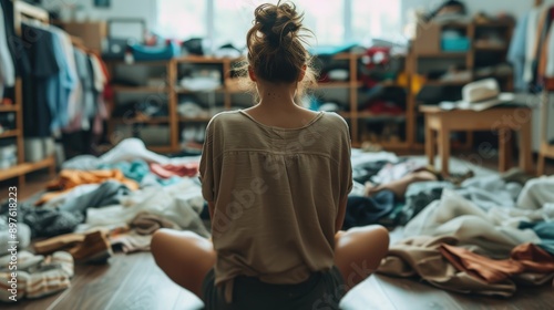 Obraz na płótnie A woman in a cluttered room filled with unfolded clothes sits on the floor with her back facing the camera. The shelves behind her are packed with more clothing, showing domestic disarray. w salonie