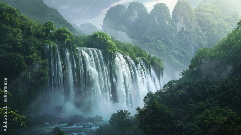 Fototapeta premium Lush Green Forest with Majestic Waterfall Cascading Down Cliffs