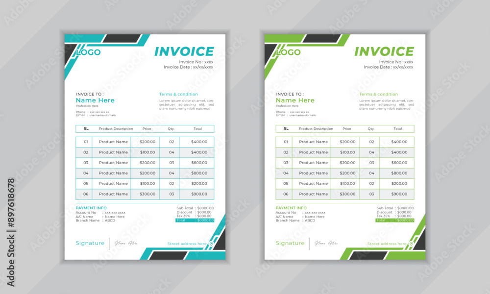 Modern minimal professional corporate invoice cash memo design template for business with two color variation available Modern minimal professional corporate invoice cash memo design template for business with two color variation available