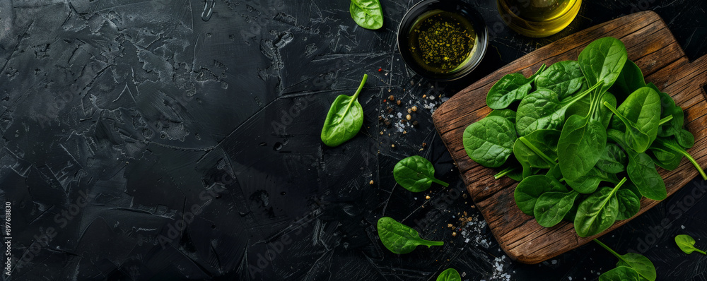 Top view of spinach leaves and oil on a wood board against a black background. The rich green spinach leaves highlight the healthy eating theme. Plenty of room for text. Top view of spinach leaves and oil on a wood board against a black background. The rich green spinach leaves highlight the healthy eating theme. Plenty of room for text.
