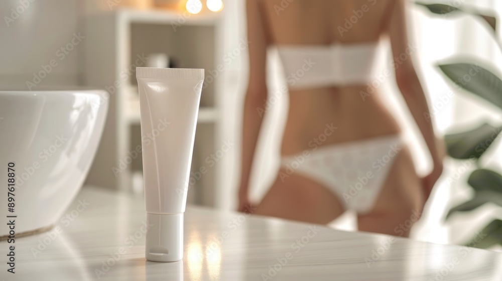 White cosmetic tube on table in bathroom background with blurred woman White cosmetic tube on table in bathroom background with blurred woman