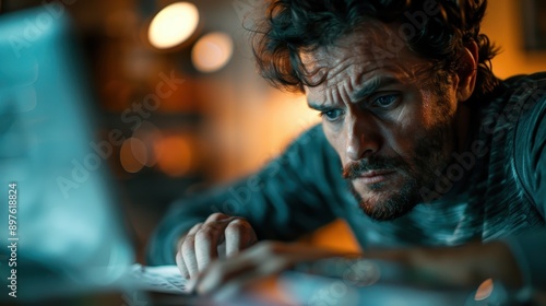 A close-up shot of a person focusing intensely on computer work in an indoor setting, with warm lighting creating a cozy and concentrated atmosphere.