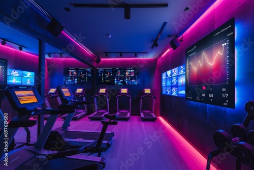 High-Tech Fitness Studio with Heart Rate Monitors Displaying Data on Workout Equipment