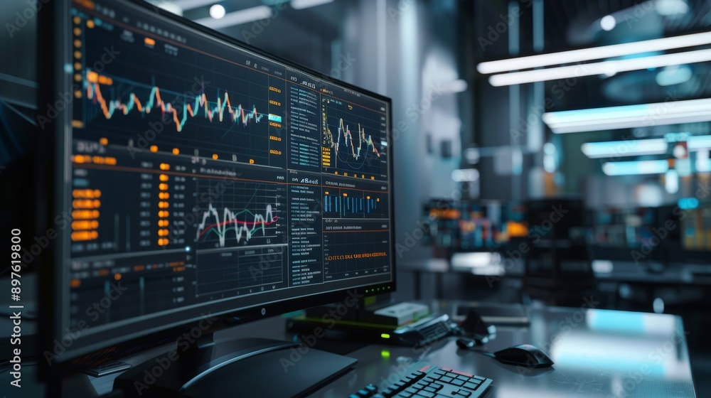 Modern Cryptocurrency Trading Platform in Futuristic Office for Financial Analytics and Investment Insights Modern Cryptocurrency Trading Platform in Futuristic Office for Financial Analytics and Investment Insights