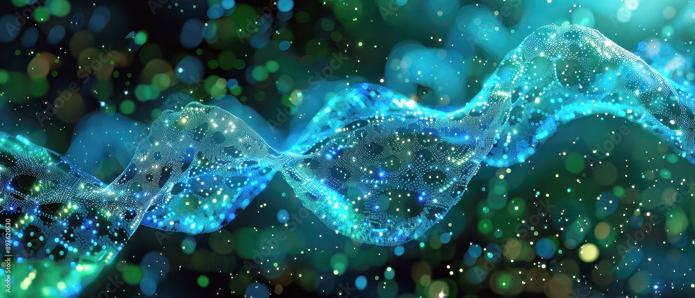 Fototapeta premium Abstract depiction of gene editing and quantum computing, bold shapes, blue and green colors, dynamic and cutting-edge, text-friendly area